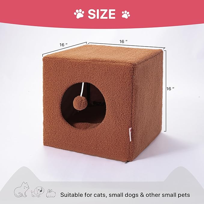 Cat House for Indoor Cats, Fluffy Large Cube Cat Cave Bed, Perfect Hideaway for Multiple Cats & Small Pets, Detachable Sherpa Cover 16 Inches