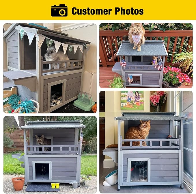 Aivituvin Outdoor Feral Cat House Wooden Kitty Shelter with Large Balcony,Escape Door,Waterproof