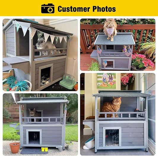 Aivituvin Outdoor Feral Cat House Wooden Kitty Shelter with Large Balcony,Escape Door,Waterproof