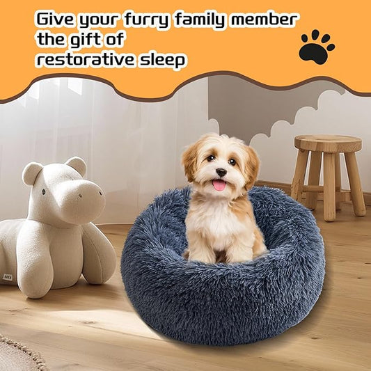 Comfort Donut Dog Bed - Ultra-Soft Pet Bed with Neck Support, 3 Sizes (Machine Washable) for Small/Medium/Large Dogs & Cats (Gray, 24''Lx24''Wx8''Th)