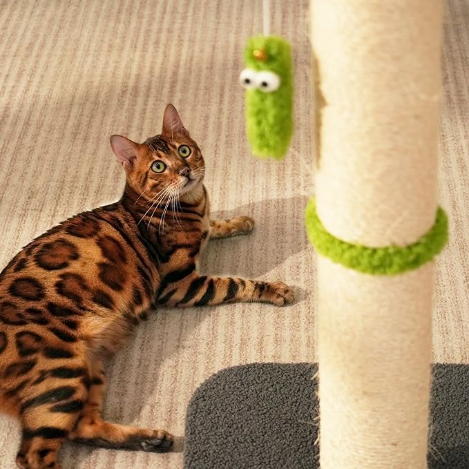 TINYBEAST 34.7" Tall Cat Scratching Post, 3 in 1 Heavy Duty 4.3" Diameter Natural Sisal Post with Hanging Bell Ball, Reinforced Stable Base for Indoor Adult Cats and Kittens(Grey)