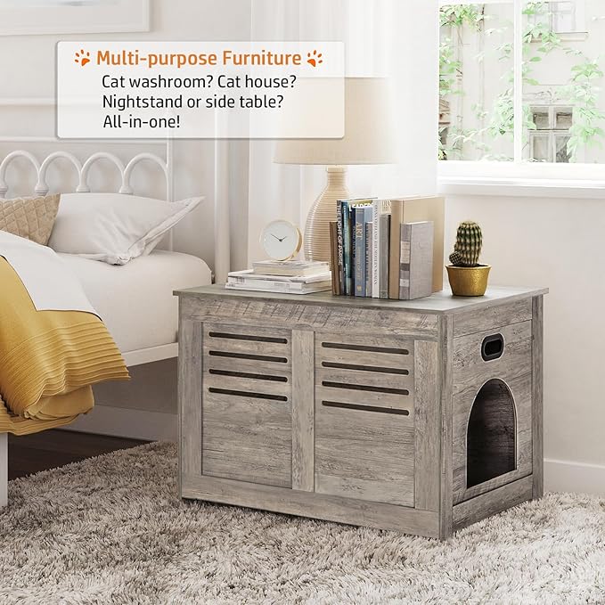 DINZI LVJ Litter Box Enclosure, Flip Top Litter Box Furniture, Good Ventilation, Hidden Cat Washroom, 27.6" L x 19.7" W x 19.7" H, Entrance Can Be on Left/Right, Wooden Cat House, Greige