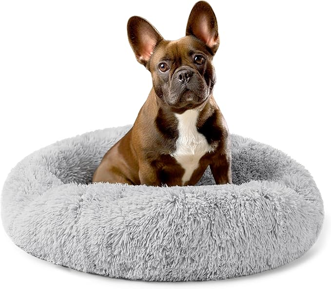 PetAmi Calming Dog Bed for Small Medium Dog Cat, Round Donut Dog Bed Washable, Fluffy Faux Fur Plush Cuddler Pet Kitten Cushion Bed, Anti-Slip, Fits up to 25 lbs, 23 inch, Light Gray