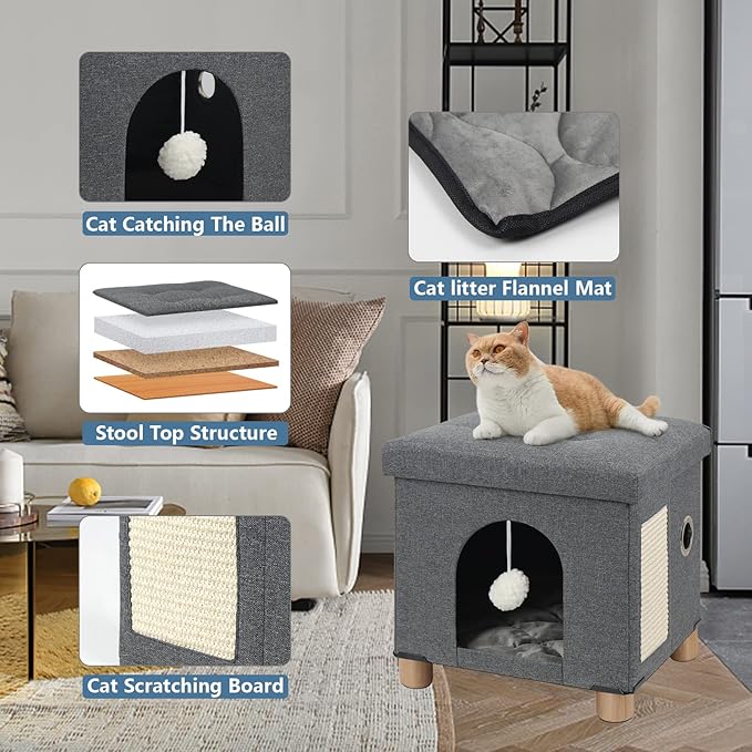 BRIAN & DANY Cat House for Indoor Cats, Cat Cave Bed for Pet, Cat Cube with Cat Scratch Board & Cat Ball,17.7 x 14.8 x 15 inches, Grey