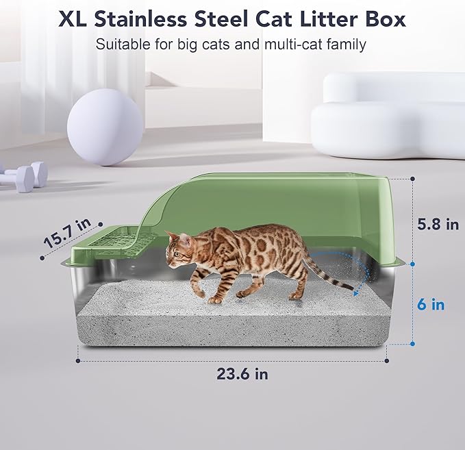 UPSKY Stainless Steel Cat Litter Box with Lid, XL Large Metal Litter Box for Large Breeds, Enclosed Kitty Litter Pan with High Sides, Leak-Proof & Non-Stick, Easy to Clean, Scoop and Mat Included