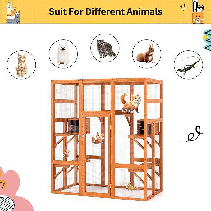 COZIWOW 70Inches Large Spacious Wooden Outdoor Catio with Perches and Condos, Cat Catio Enclosures Indoor Kitty Window Kennel with Waterproof Roof, 7 Platforms & 2 Resting Box, UV Resistant(Orange)