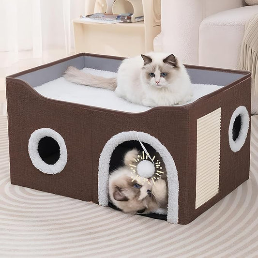 Cat Houses for Indoor Cats - Large Cat Bed Cave with Scratch Pad and Fluffy Ball, Foldable Cat Condo Hideaway with Reversible Cushion for Multi Small Pet,Brown