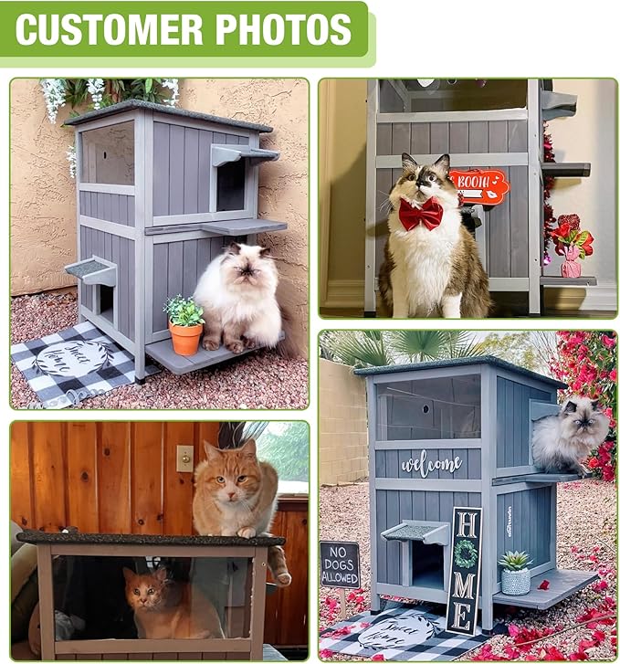 GUTINNEEN 2 Story Wooden Outdoor Cat House Weatherproof with Escape Doors, Openable Roof, Feral Cat Shelter with Elevated Base & Acrylic Window