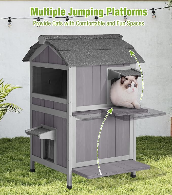 GUTINNEEN Outdoor Cat House Weatherproof, Feral Cat Shelter with Elevated Base, Large Acrylic Window, Movable Floor for Easy Clean