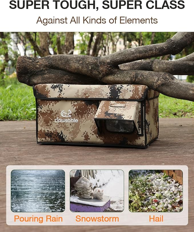 Indestructible Heated Cat House for Outside Cats Winter, 100% Weatherproof, Safe Escape Door, Insulated Outdoor Cat Shelter with Heater for Feral Barn Cat Kitty (Desert Camouflage, 12"x16"x14")