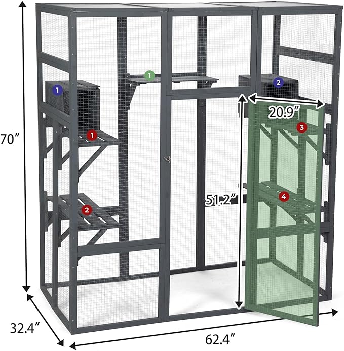 COZIWOW 70Inches Large Stable Spacious Wooden Catio Outdoor Cat Enclosure with Perches and Condos, Cat Cage Indoor with Waterproof Roof, 7 Platforms & 2 Resting Box, UV Resistant (Grey)
