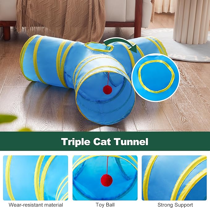 Love's cabin Cat Tunnel Tube Toys 3 Way Collapsible, Cat Tunnels for Indoor Cats,Kitten Tunnel Bored Pet Play Tunnel with Peek Hole Toy Ball for Kitty, Kitten, Rabbit, Puppy Blue&Yellow