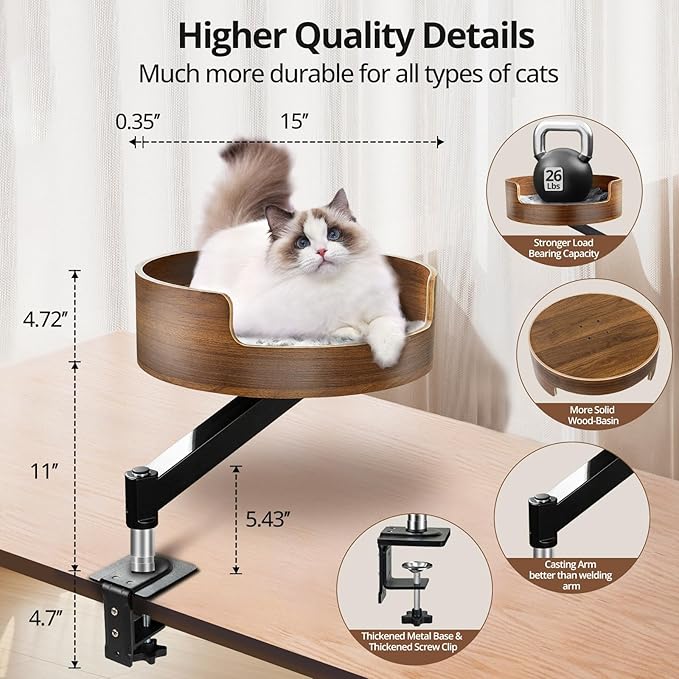 Cat Desk Bed Wood,Desk Cat Bed with 26lbs Strong Load-Bearing,Cats Bed for Desk 360° Adjustable Elevated & Thick Metal Stand,Stable and Safe,Suits Home Office and Gamer Closer to Cats-Walnut Finish