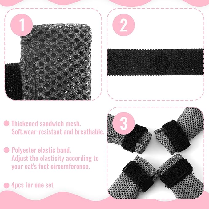 4Pcs Cat Shoes, 3.62×1.57 Inches Anti Scratch Cat Mittens, Breathable Mesh Nail Caps for Cats Claws, Adjustable Cats Claw Covers for Pet Bathing Feeding Cutting Nails(Gray)