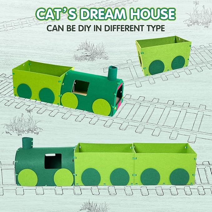 Cat Tunnel Train with Scratching Board, Cat Interactive Toys 51" Non-Foldable Rebound Felt Cute Pet Tube Round Indoor Pet Toy & Hideout for Small Medium Kitten