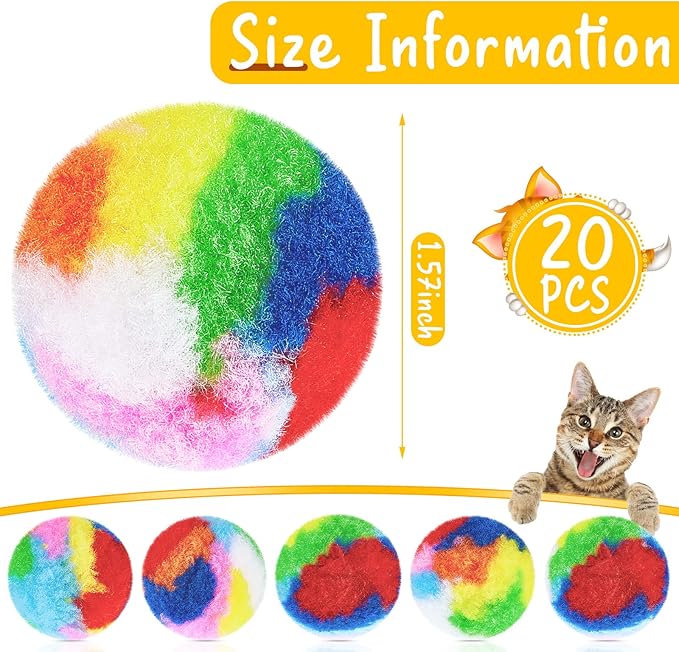Deekin 20 Pcs Cat Pom Pom Balls Toy Kitty Yarn Puffs Assorted Color Small Plush Soft Balls Fuzzy Kitty Toy for Pet Cat 1.6 Inch in Diameter