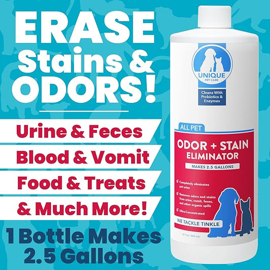 Unique Pet Odor and Stain Eliminator Liquid Concentrate - Makes Over 2.5 Gallons - Eliminates Pet Odors and Stains (32 oz)