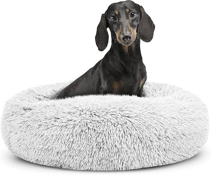 The Dog's Balls Sound Sleep Donut Dog Bed, Small Ice White Fur Calming Nest Bed, Veterinary Approved