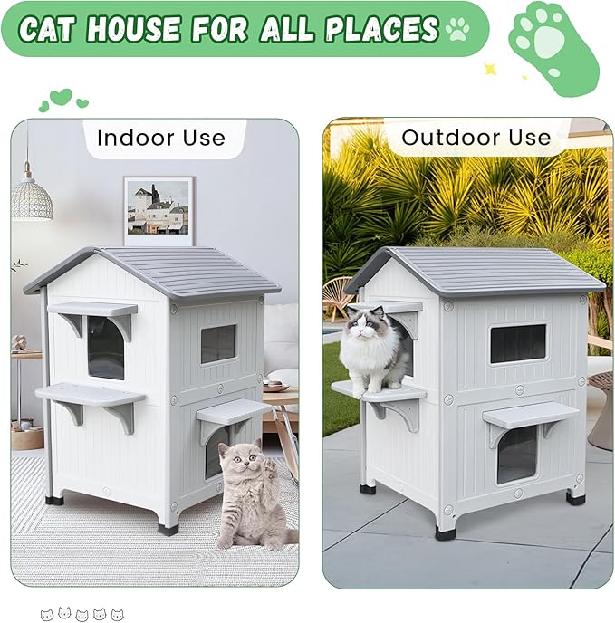 Plastic Outdoor Indoor Cat House with Insulated Liner, 100% Insulated Outdoor Cat Houses for Winter, Waterproof Feral Cat Shelter, Assemble Easily-White