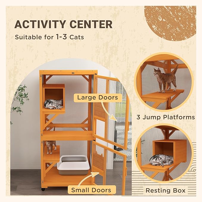 PawHut Wooden Catio with Waterproof Roof, Large Cat House with High-Up Resting Box, Indoor & Outdoor Cat Enclosure with Wheels, for 3-6 Cats, Orange