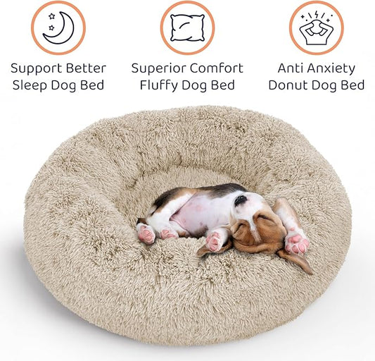 Donut Dog Bed - Premium Comfort for Anxiety Relief - Fluffy & Calming Design with Ultra-Plush Support | Cozy Round Dog Bed with Super Soft Circle Style (Size S Beige)