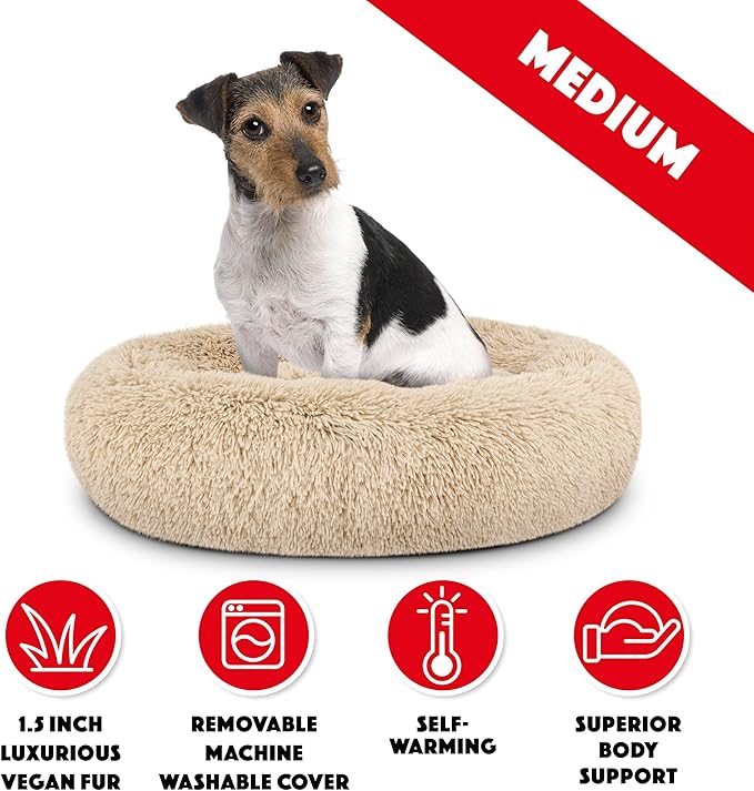 The Dog’s Bed Sound Sleep Donut Dog Bed, Med Dog Beige Fur Calming Nest Bed, Veterinary Approved