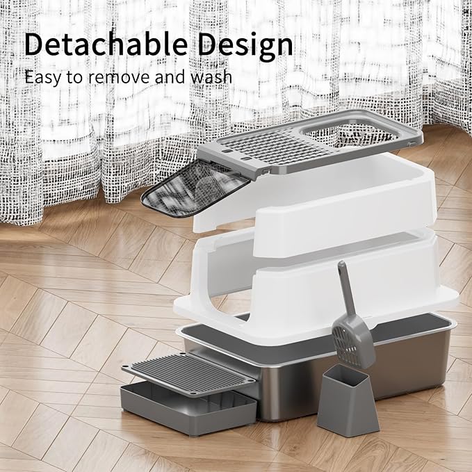 RIZZARI Stainless Steel Cat Litter Box, Odorless Enclosed Litter Box with Top Holes, Large Litter Pan for Small to Large Sized Cats (Dark Gray, 23.8" L*15.9" W*16.1" H)