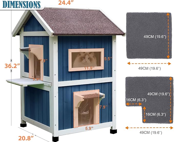 Rockever Outdoor Cat House, 2 Story Outdoor Houses for Feral Cats Wooden Outside Cat Shelter Weatherproof with Escape Door