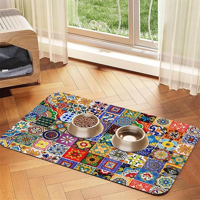 Bohemian Chic Floral Dog Food Mat Absorbent Bowl Mats No Stains Quick Dry Waterproof Pet Cat Placemats for Food and Water, 30x45cm