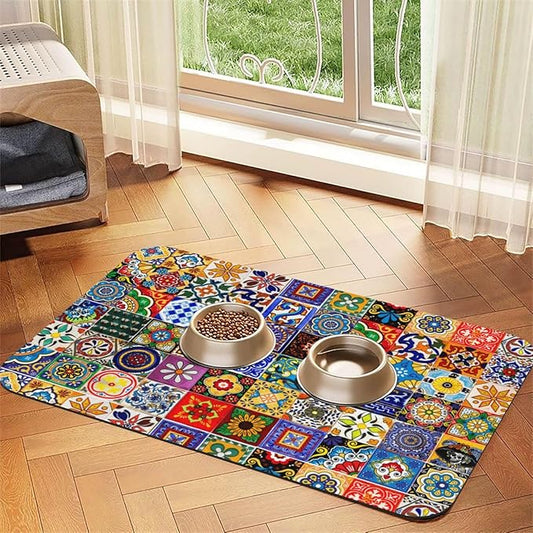 Bohemian Chic Floral Dog Food Mat Absorbent Bowl Mats No Stains Quick Dry Waterproof Pet Cat Placemats for Food and Water, 30x45cm