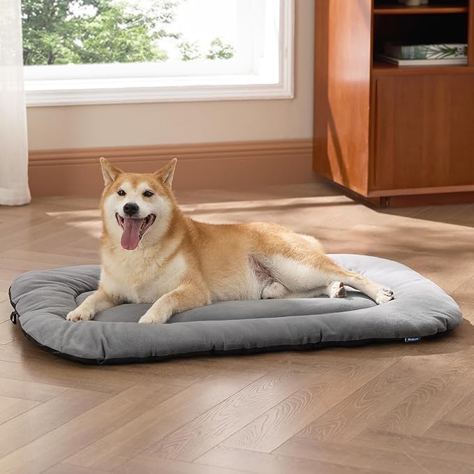 Bedsure Washable Dog Crate Pad for Large Dogs, Anti-Slip Puppy Kennel Dog Bed for Crate - Ultra Soft Fleece Flat Thin Pet Mat (Not Chew Proof), Light Grey 35"x22"