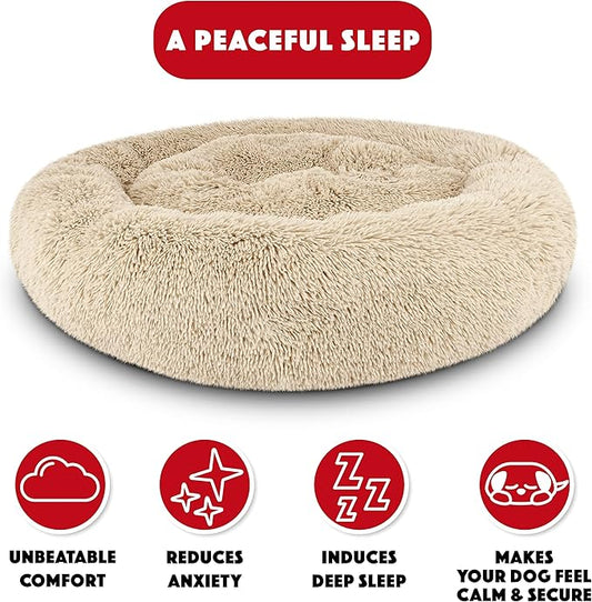 The Dog’s Bed Sound Sleep Donut Dog Bed, Large Dog Beige Fur Calming Nest Bed, Veterinary Approved