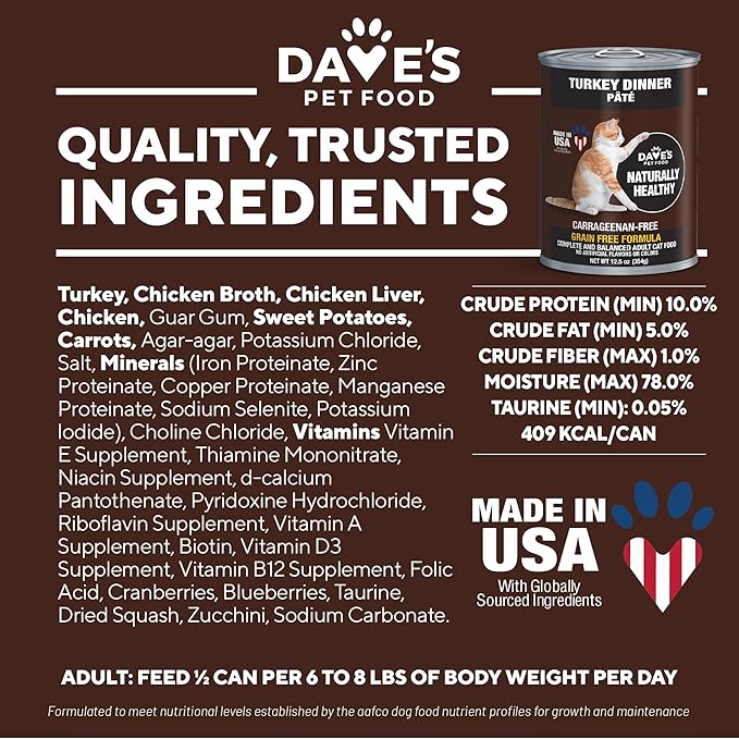 Dave's Pet Food Grain Free Wet Canned Cat Food (Turkey), Made in USA Naturally Healthy, Added Vitamins & Minerals, Gluten-Free, 12.5 oz Cans (12 Pack)