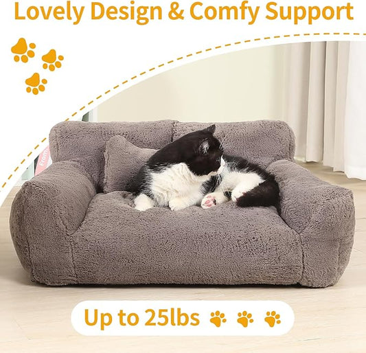 Fluffy Cat Couch for Indoor Cats, Small Dog Bed with Bone Shaped Pillow, Anti-Anxiety Pet Bed with Washable Cover, Brown