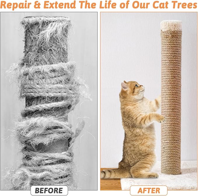 2 Pack Cat Natural Sisal Rope for Scratching Post Tree Replacement, Hemp Rope for Repairing, Replacement Cat Tree and Tower DIY Scratcher (6 mm 66 Ft)