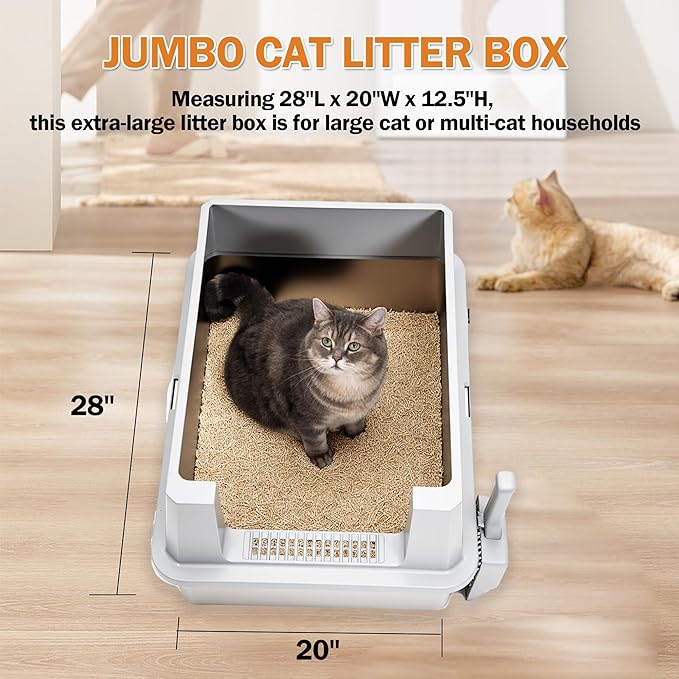 Extra Large Stainless Steel Litter Box with Lid, XXL XXXL Litter Box, Odor Control Enclosed Metal Litterbox for Big Cat, Kitty, Kittens, 28 x 20 x 12.5 inch, High Side, Easy Clean