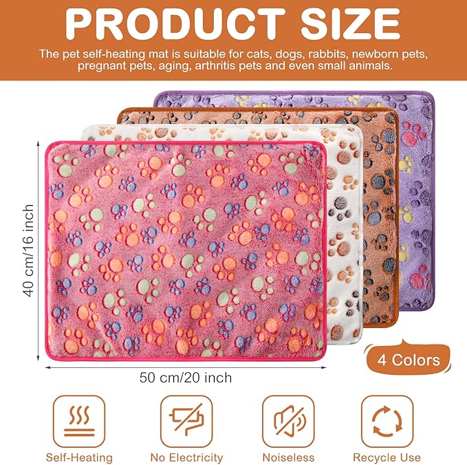 4 Pack Self Heating Cat Bed Cat Self Warming Pad with Removable Cover Extra Warm Thermal Pet Pad Washable Pet Crate Mat Anti Slip Kennel for Indoor Outdoor Pets(Dog Paw,16 x 20 Inches)