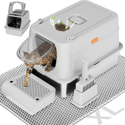 Citylife Stainless Steel Cat Litter Box with Lid,XL Extra Large Enclosed Removable Metal Litter Box with Litter Scoop&Double Layer Litter Mat,Non-Sticky,Non-Odor,Easy Cleaning, for Big Cats,Grey