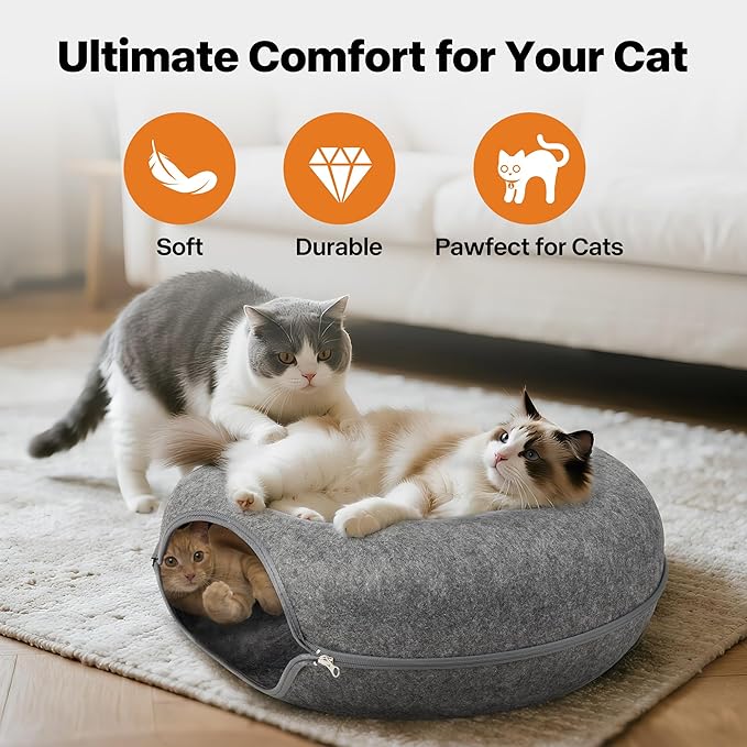 Pawise Peekaboo Cat Cave Donut Tunnel Bed, Cat Tunnel Bed,Bonus Separate Pom-Pom Bell Toy (Not Attached to Cave),Convertible Felt Cats Cave for Indoor Catty(Large)