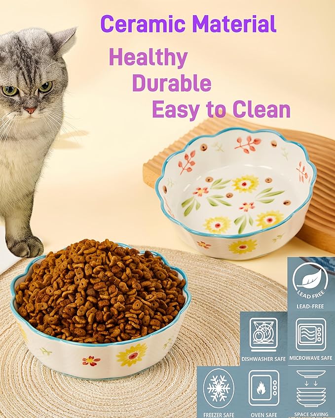 Premium Cat Food Bowl Set of 2, 6' Ceramic Cat Bowls, Cute Shallow Weighted Dishes for Wet Food, Whisker Fatigue Kitten Bowls Large Capacity (Blue)