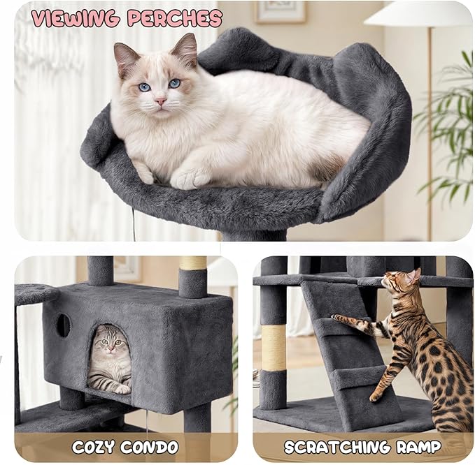 MoNiBloom 54 Inch Cat Tree Tower for Indoor Cats Large Adults, Cat Tower with Scratching Post, Multi-Level Furniture Activity Center with Cat Condo Pet Play House, Smoky Grey