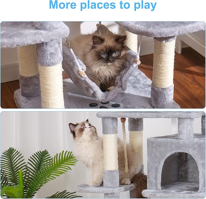 Hey-brother Multi-Level Cat Tree Condo Furniture with Sisal-Covered Scratching Posts, 2 Plush Condos, Perch Hammock for Kittens, Cats and Pets, Light Gray MPJ020-SW