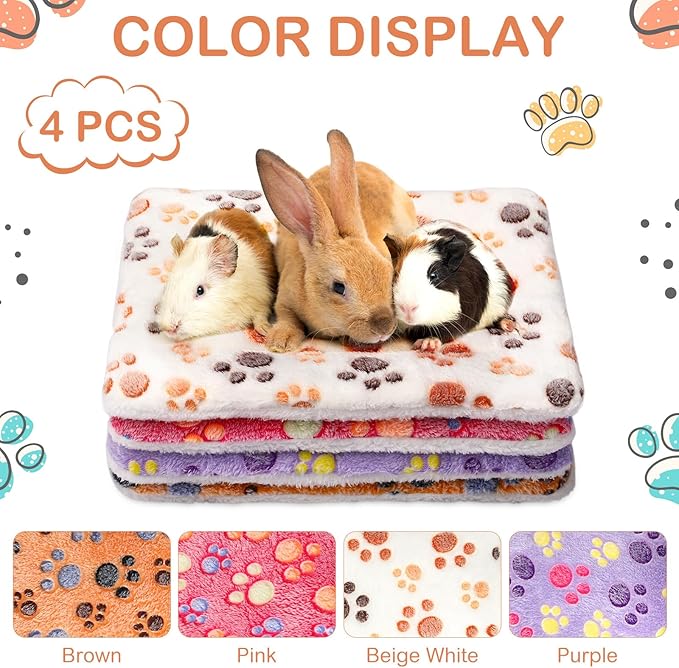 Haull 4 Pcs Waterproof Guinea Pig Bedding Winter Guinea Pig Bed Plush Cage Liners Soft Dog Cat Mat Reversible Winter Cozy Animal Pee Pad Hamster Bed Mat for Bunny(Paw,13 x 10 Inch)