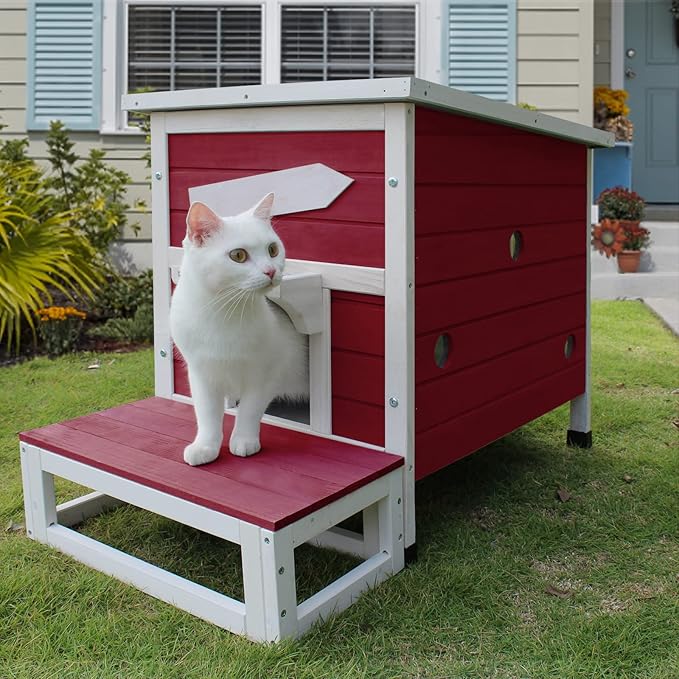 Rockever Outdoor Cat House, Large Outdoor Houses for Feral Cats Wooden Outside Cat Shelter Weatherproof with Escape Door-Red