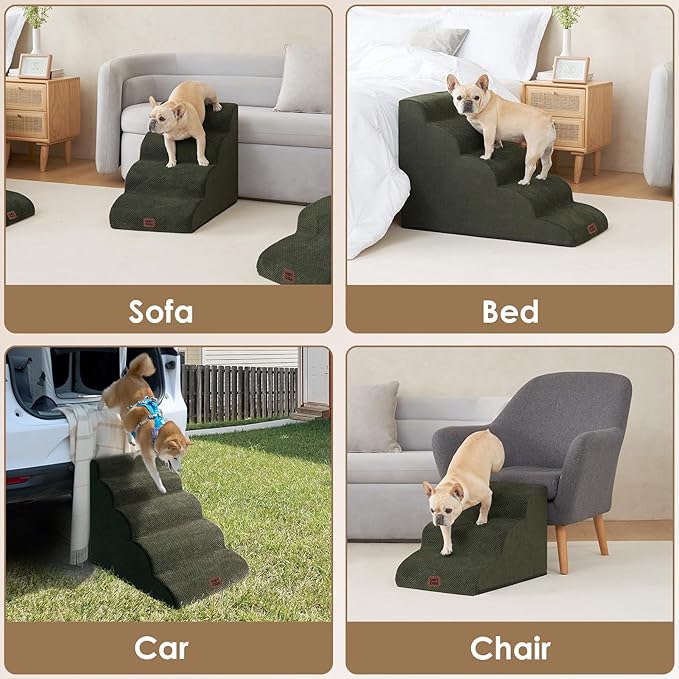 EHEYCIGA Curved Dog Stairs Ramp for High Beds 22.6" H, 5-Step Dog Steps for Small Dogs and Cats, Pet Stairs for High Bed Climbing, Non-Slip Balanced Pet Step Indoor, Olive Green