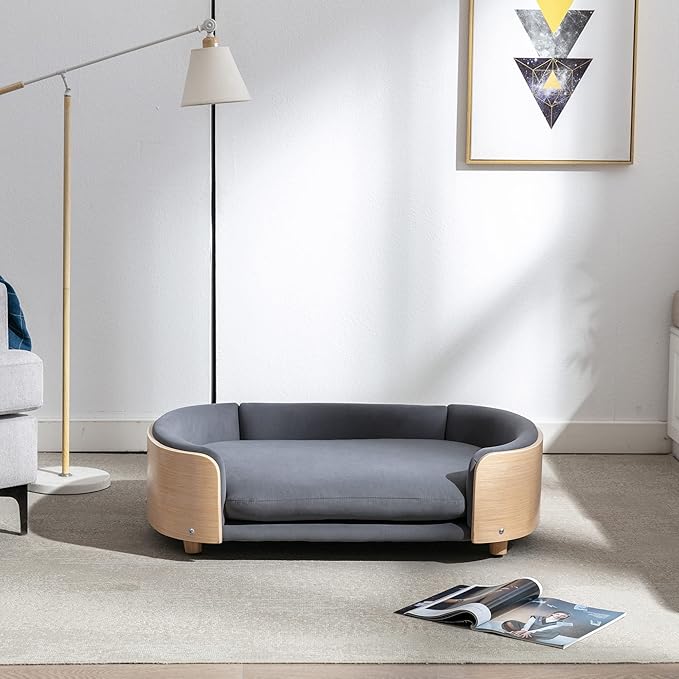 HomSof 38.58" Scandinavian Style Elevated Dog Cat Bed Pet Sofa with Solid Wood Legs and Bent Wood Back with Velvet Cushion,Large Sizeļ¼Dark Grey