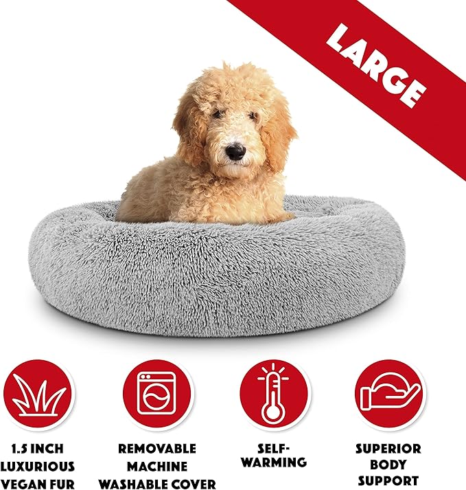 The Dog's Balls Dog Bed, Large Silver Grey Fur Calming Nest Bed, Veterinary Approved