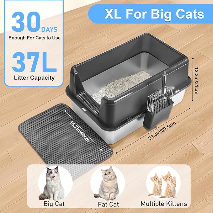Marchul Stainless Steel Cat Litter Box with High Walls & Metal Scoop/Mat/Scoop Holder, XL Large for Multi-Cat Homes, Anti-Urine Leakage for Heavy Flow Cats