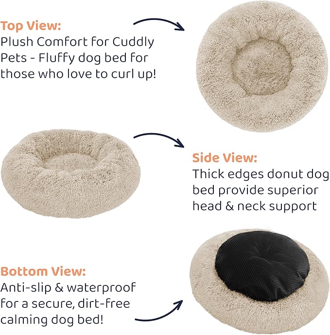 Donut Dog Bed - Premium Comfort for Anxiety Relief - Fluffy & Calming Design with Ultra-Plush Support | Cozy Round Dog Bed with Super Soft Circle Style (Size S Beige)