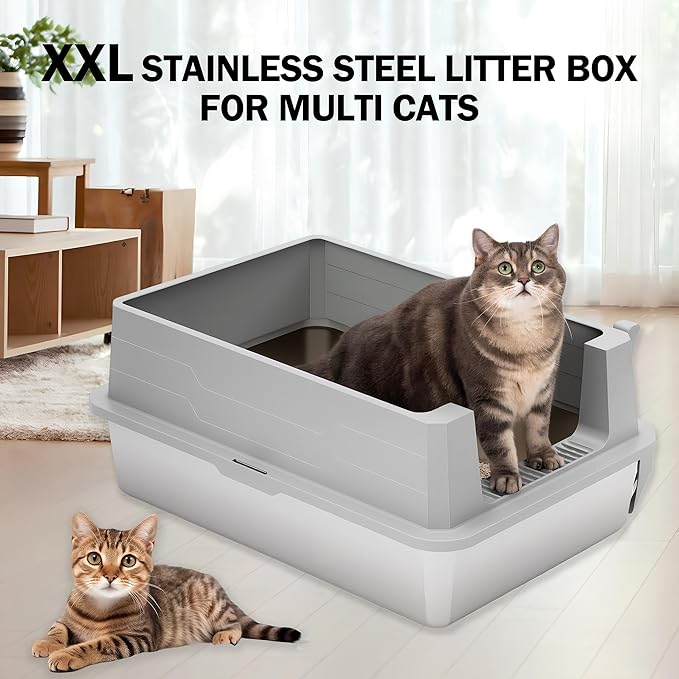 Extra Large Stainless Steel Litter Box with Lid, XXL XXXL Litter Box, Odor Control Enclosed Metal Litterbox for Big Cat, Kitty, Kittens, 28 x 20 x 12.5 inch, High Side, Easy Clean